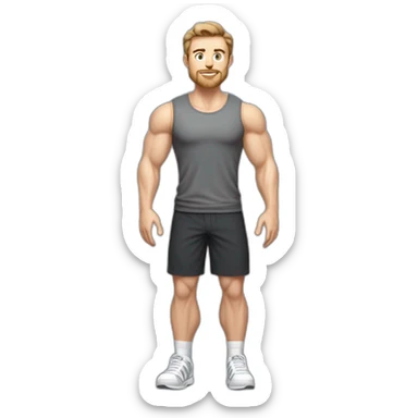 Full height Pale skinned muscular man With Realistic eyes and mouth, light brown hair and stubble In dark gray sleeveless mike, black oversize sports shorts, watch and white sneakers. sticker
