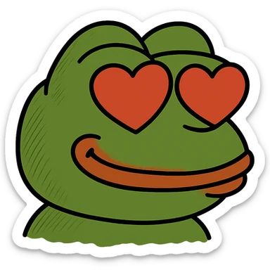Pepe the Frog meme style with heart eyes, remove background, keep transparent sticker