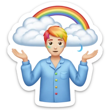 person in pajamas conjuring a swirling rainbow cloud sticker