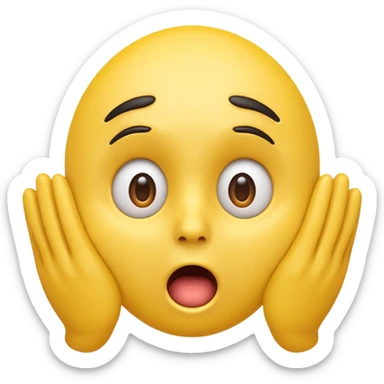 A 3D glossy yellow emoji of a shocked horrified face, with mouth and eyes are wide open, eyebrows  raised, and hands against their face, black background, high quality, soft studio lighting sticker