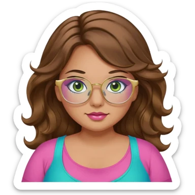 Girl girl long wavy brown hair, green/blue/gold eyes, plus size, pink girly top, eyelashes, tan skin, gold glasses sticker