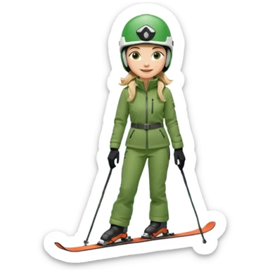 Woman, skiing, White helmet, Green Jacket, green trousers, background Matterhorn sticker