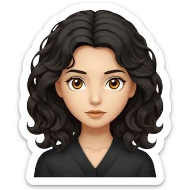 this avatar of girl has shoulder-length black wavy hair with loose curls framing the face, and a long, pointed face with golden-brown eyes and a calm, neutral expression. sticker