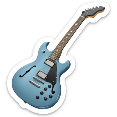 A gray-blue electric guitar with a black pick guard and only one volume knob, make the head tan sticker
