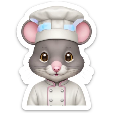 dark gray mouse with large round ears, brown eyes, and a small pink nose, wearing a white chef’s hat sticker
