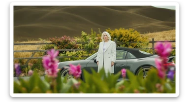 A portrait of a white person next to porsche 911 in the foreground, blurred plants in the foreground, a wooden fence and colorfull flowers in the midground, rolling hills in the background, cinematic depth of field, layered composition, natural lighting sticker