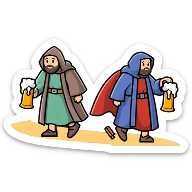 medieval pilgrims walking on a journey path with cloaks and beer bottles sticker