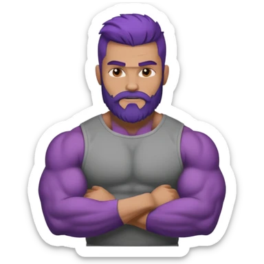 strong muscular man with big bicepts with half dark brown and half purple hair with beard sticker