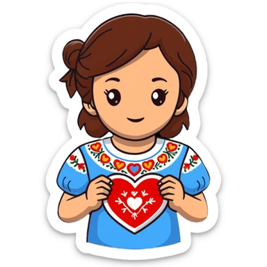 A beautiful young girl with brown hair in a Ukrainian embroidered shirt is holding a large embroidered heart sticker