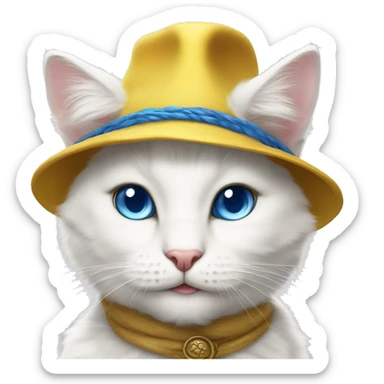 White Cat ,chasseur ,smile ,blue eyes ,anthro , yellow feather hat sticker
