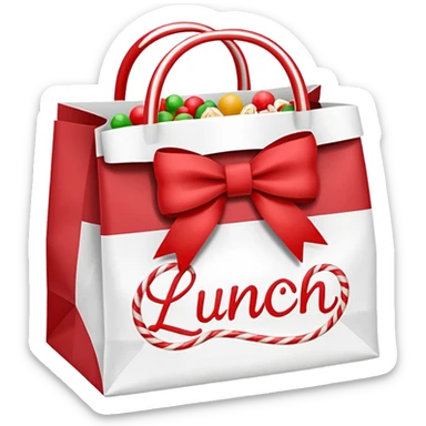 christmas paper lunch bag with the word lunch on it and a bow and candycanes sticker