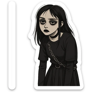 goth girl with an apathetic expression, dark clothes, black lipstick, heavy eyeliner, slouched posture, cannot be bothered sticker