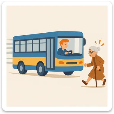 old lady should run to reach the bus, the driver is man under 30 with orange hair sticker