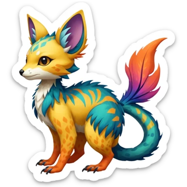 Beautiful pretty cool edgy elegant realistic Feral Rare Fantasy colorful vibrant Vernid-Trico-species-Fakemon-creature by LiLaiRa, random markings, tufted tail, tufted ears, full body sticker