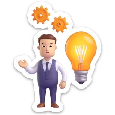 3D emoji style illustration of refined innovation, featuring a polished lightbulb, smoothly turning gears, and a person thoughtfully improving a creative idea sticker
