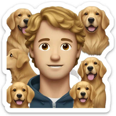 White man with brown hair and golden retriever  sticker