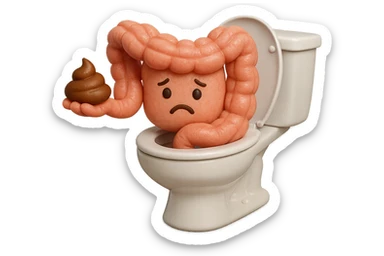 emoji stile iphone di un intestino realistico 3d che esce dal wc con in mano una montagnetta di feci con espressione triste a palline, iperrealistico 4k sticker