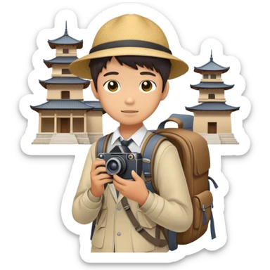 Japanese high school boy with camera and backpack during school field trip at historical site sticker