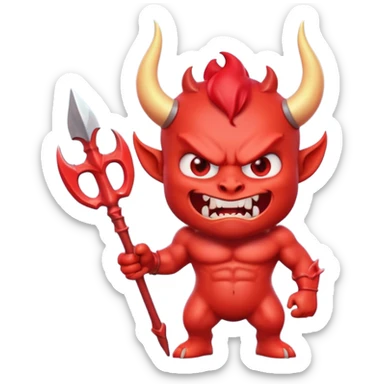 cute 3D red devil emoji, muscular cartoon devil, glossy skin, big curved horns, angry cute face, sharp teeth, holding trident, emoji style, soft lighting, smooth texture, clean background, high quality, digital art sticker