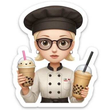 A Angry Teen Female with Pale skin and Bald, wearing a Uniform outfit, a Chef hat, Sunglasses, carrying a Wand, working as a scientist, while drinking Bubble tea and reading a Book.
 sticker
