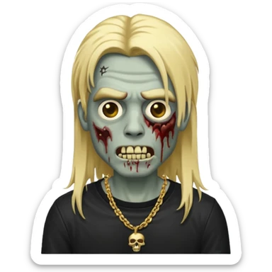 make a iphone emoji who is a zombie man with long blonde hair with light brown roots, with a black punk shirt and a golden neckless sticker