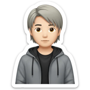 asian young man with long curtains style hair in grey jacket and black t-shirt sticker