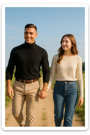 a couple walks together along a path, the man gently leading the way while the woman follows with trust and a smile. Both appear confident and content, symbolizing partnership and mutual respect. The background is a bright, open landscape, evoking a sense of shared journey and harmony. sticker