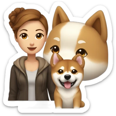 Cute Shiba with an white Hokkaido dog and their mistress, a woman with brown and curly hair sticker