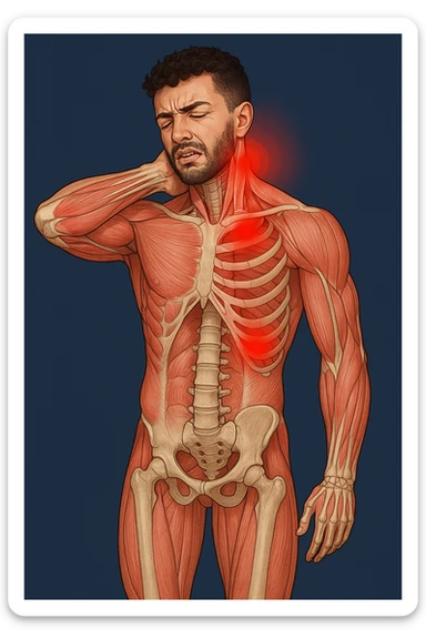 Uomo con dolore per infortunio vista anatomica in piedi con dolori cervicali sticker