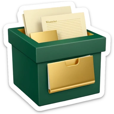 3D minimal open box with papers and documents floating out, matte finish, deep green (#0B3D2C) box, cream (#F5F5DC) papers, gold (#C9B037) subtle glow, Apple style, clean and premium, soft shadow, transparent background sticker