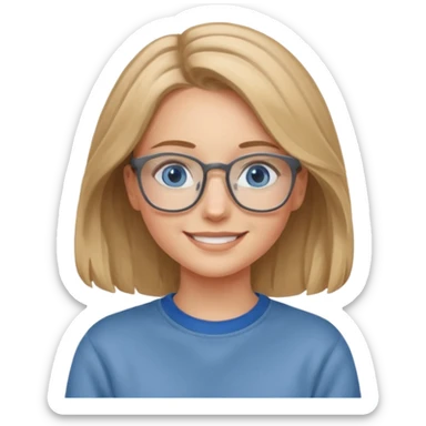 мила дівчинка з пшеничним та трохи хвилястим волоссям до грудей з голубими очами та в окулярах в сірому світшоті посміхається sticker