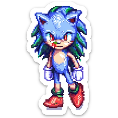 Change Sonic's eyes to red, keep pixel art style, no background sticker