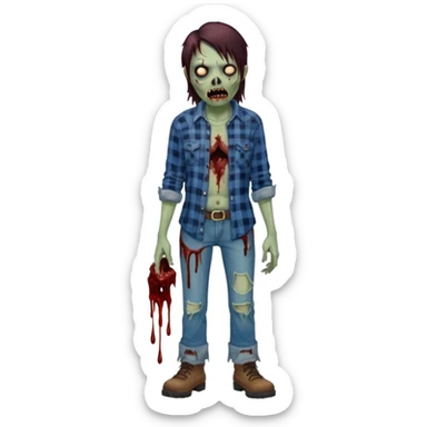 Local alaskan who has turned it zombies in the style of the walking dead, with rotting flesh and dripping blood but distinctively Alaskan. In the style of your bleeding skull art but Alaskan zombie. Full body sticker