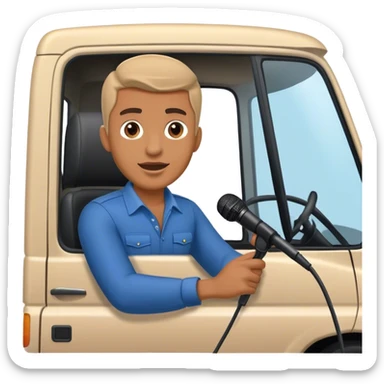 driver of a truck in front of a truck speaking to a microphone interview sticker