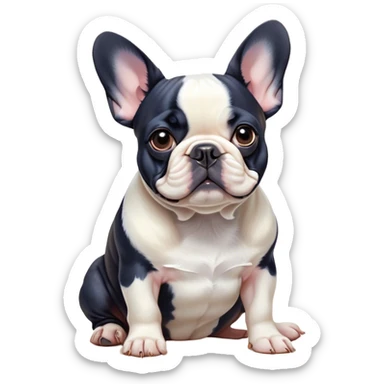 Cinematic Noble Pied French Bulldog Portrait Emoji, Radiating regal yet playful charm, with a distinctive pied fur of contrasting hues and a sculpted, expressive face featuring gentle, wise eyes and a confident stance, simplified yet artistically detailed, glowing with a soft, sophisticated radiance, high shine, exuding intelligent nobility and refined flair, soft glowing outline, capturing the essence of a noble Pied French Bulldog that embodies both strength and grace! sticker