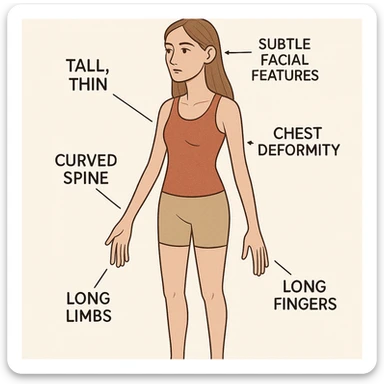 educational graphic highlighting Marfan syndrome in women, showing a tall, thin female figure with long limbs and fingers, curved spine, chest deformity, and subtle facial features, with clear labels for each characteristic, clear and informative style, suitable for general public audience sticker