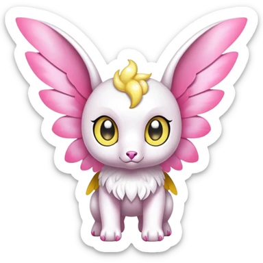 Shiny epic glittery divine white yellow pink animal-fakemon-creature with head-ear-wings, cute, adorable, big eyes sticker