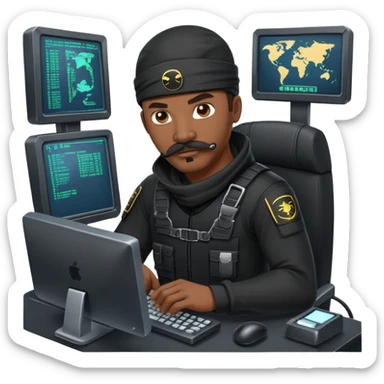 african-american mustache mercenary black ninja hacker terminal command center sticker