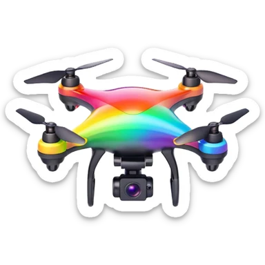 Colorful rainbow drone emoji, 3D glossy, neon propellers, small camera, bright vibrant colors, smooth design, transparent background. sticker