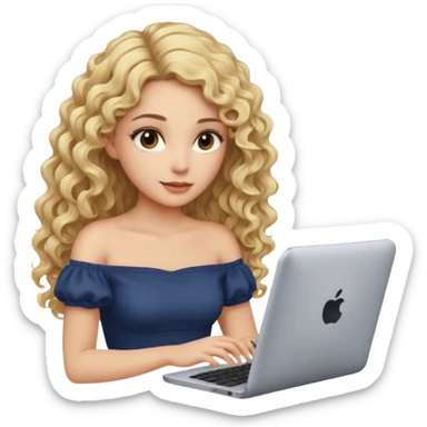 woman with long curly blond hair, brown eyes, wearing an off-shoulder top, on computer  sticker