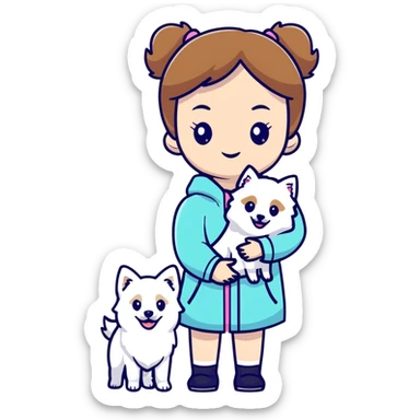 light brown hair girl with pale skin holding a white Japanese spitz dog sticker