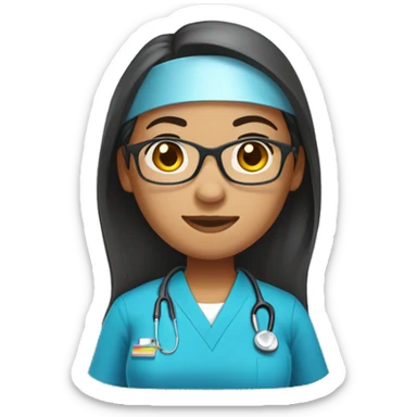 Female nurse with blue scrubs, Filipino of descent, with straight hair and eyeglasses, half body shot sticker