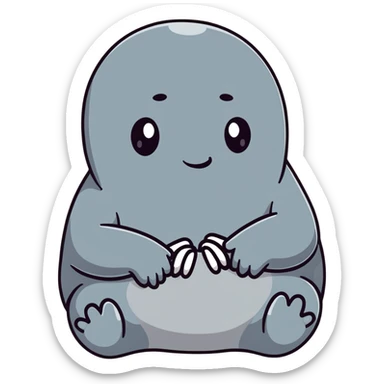 Zhdun (The One Who Waits), a cute gray blob-like creature with wrinkled skin, no neck, tiny hands resting on lap, patiently waiting sticker