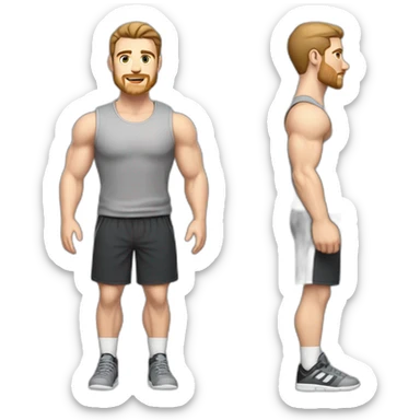 Full height Pale skinned fit man With biceps, Realistic eyes and mouth, light brown hair and stubble In dark gray sleeveless mike, black oversize sports shorts, watch and white sneakers. sticker