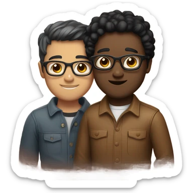 Two men hugging, one white with black hair, one brown with hlasses sticker