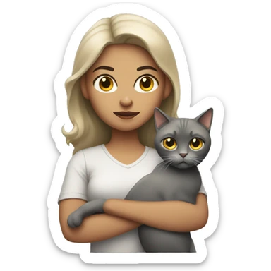 Light skinned woman holding a grey cat with an annoyed look on her face  sticker
