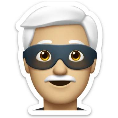 Blue-eyed 6 foot man with white hair and a blindfold sticker