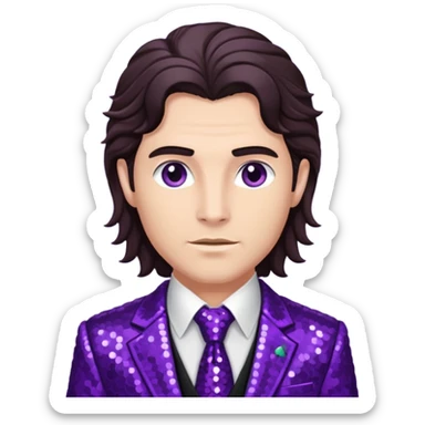 Dionysus from Greek Mythology with long dark brown hair, purple sequin suit jacket and tie, black shirt sticker