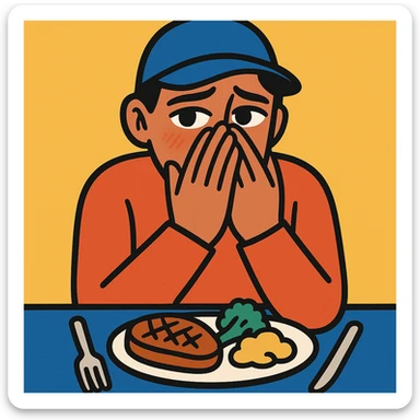 a person hiding their sadness and struggling with an eating disorder, subtle facial expression, hands partially covering face, untouched food on the table, expressive eyes, modern illustration style sticker