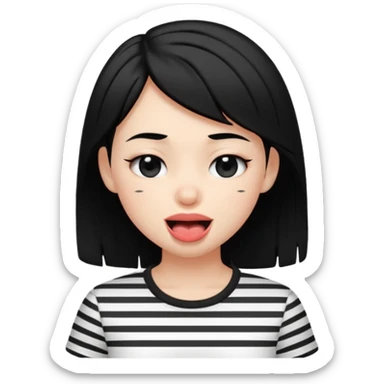 Black-haired girl, short to the neck, wearing white shirt with black stripes, With his head sideways, winking one eye, and sticking out his tongue  sticker